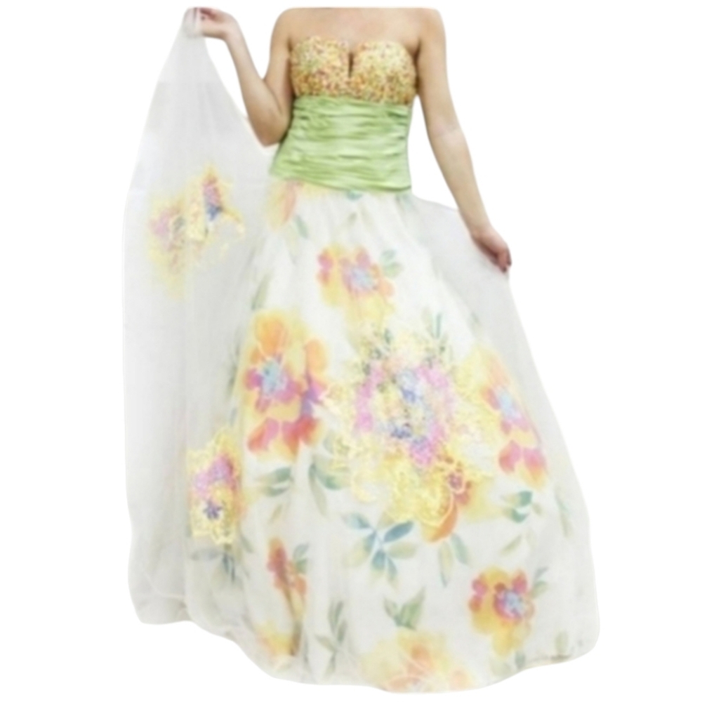 Jovani White and Green Poofy Pink Floral Sequined Corset Prom Dress Size 14